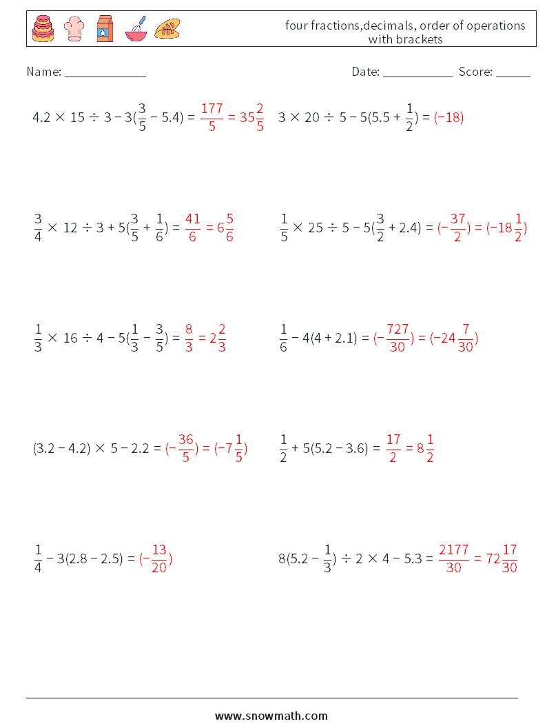 four fractions,decimals, order of operations with brackets Math Worksheets 4 Question, Answer