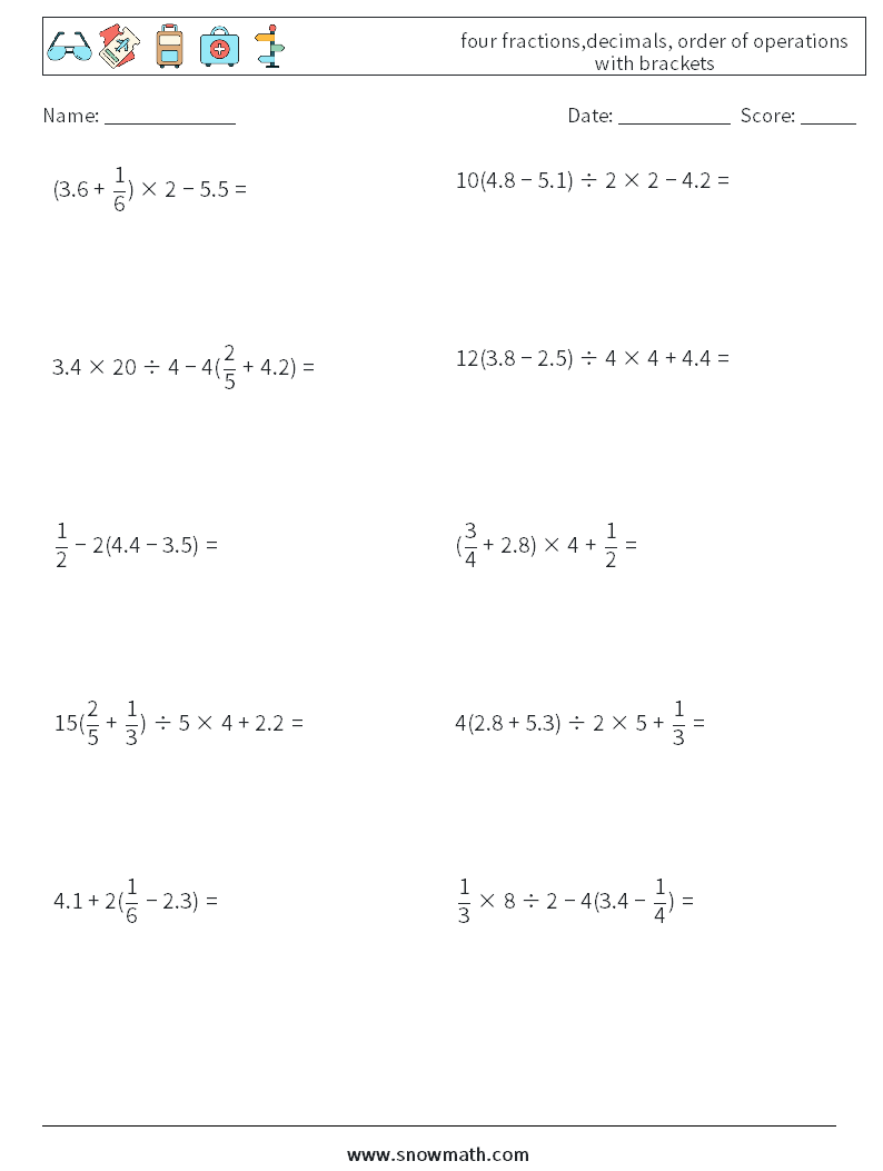 four fractions,decimals, order of operations with brackets Math Worksheets 5