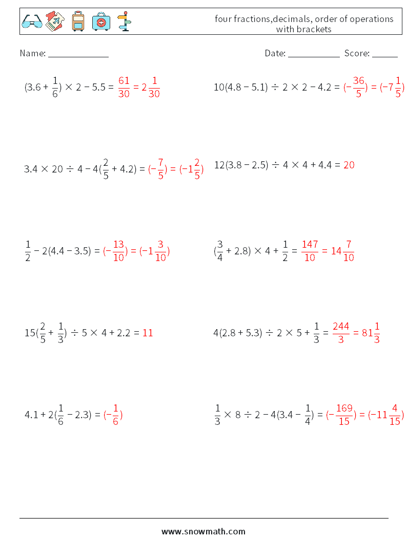 four fractions,decimals, order of operations with brackets Math Worksheets 5 Question, Answer