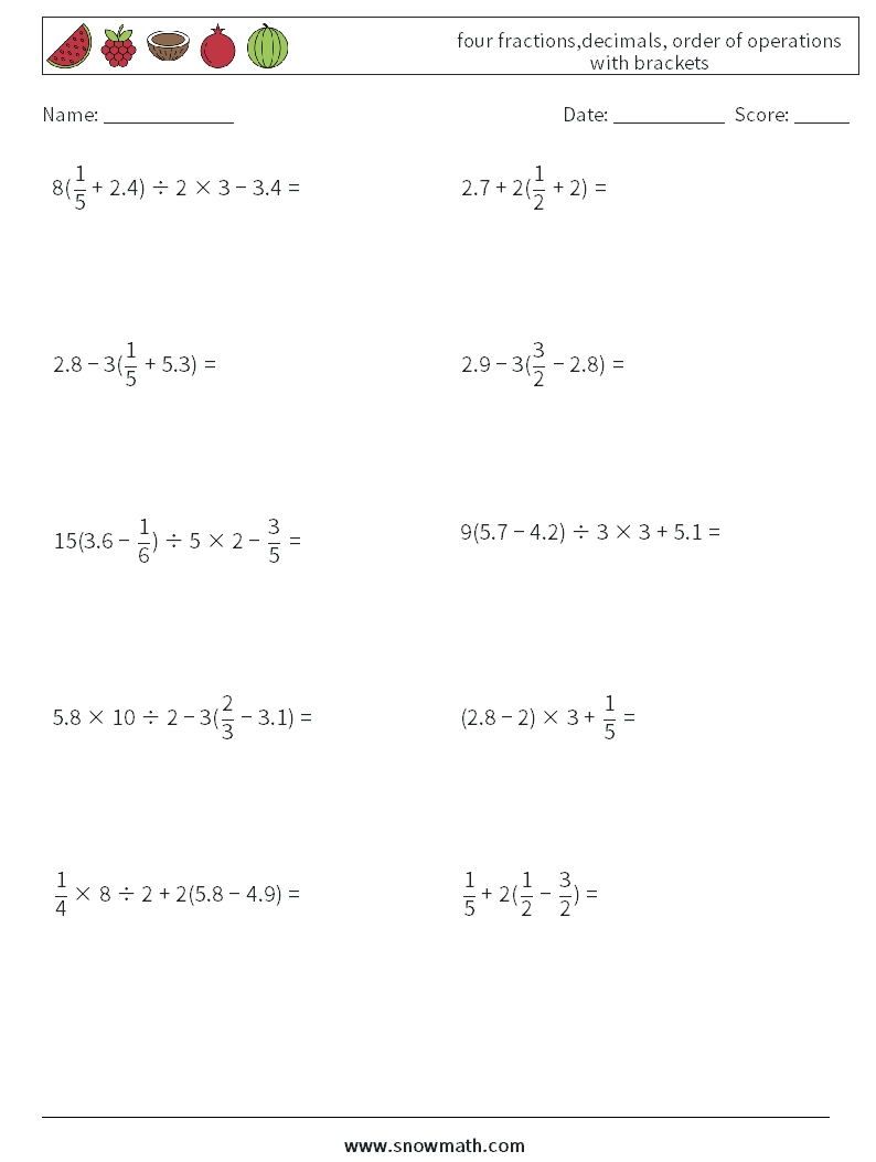 four fractions,decimals, order of operations with brackets Math Worksheets 6