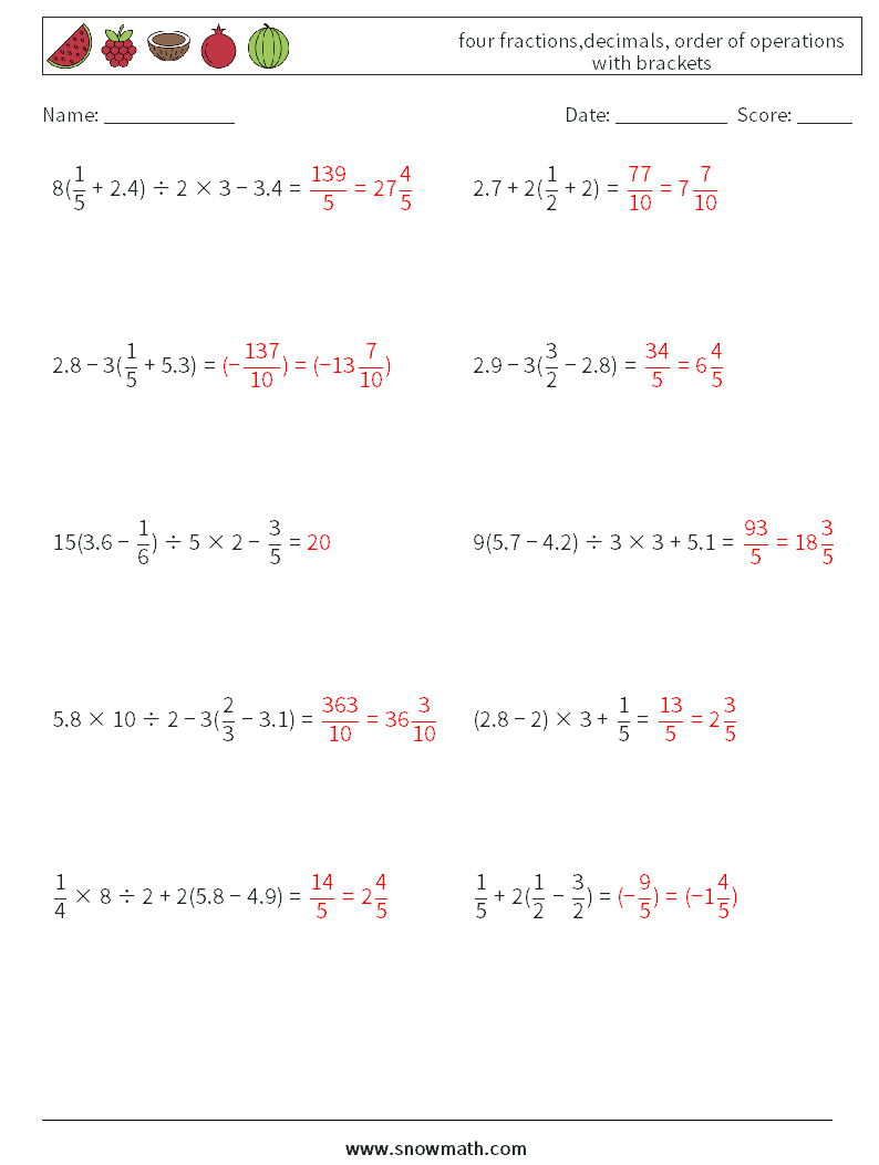 four fractions,decimals, order of operations with brackets Math Worksheets 6 Question, Answer