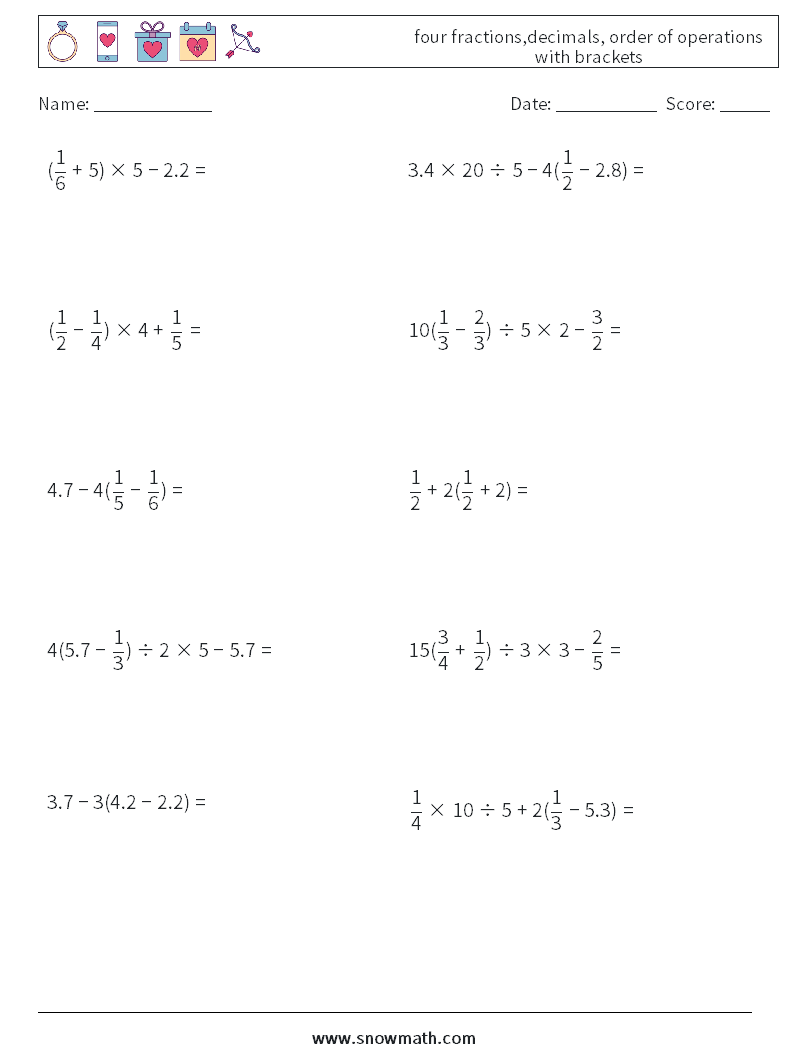 four fractions,decimals, order of operations with brackets Math Worksheets 7