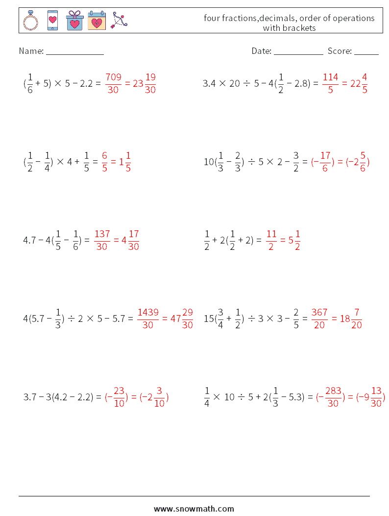 four fractions,decimals, order of operations with brackets Math Worksheets 7 Question, Answer