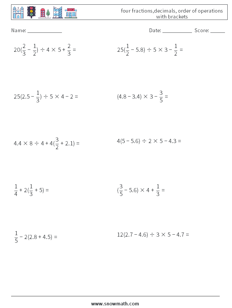 four fractions,decimals, order of operations with brackets Math Worksheets 8