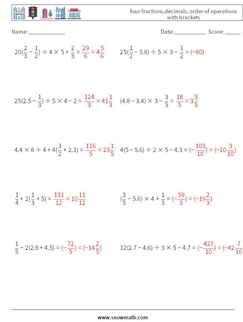 four fractions,decimals, order of operations with brackets Math Worksheets 8 Question, Answer