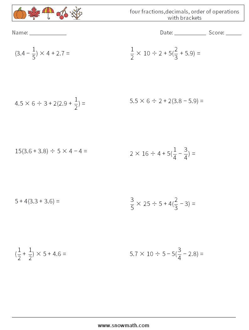 four fractions,decimals, order of operations with brackets Math Worksheets 9