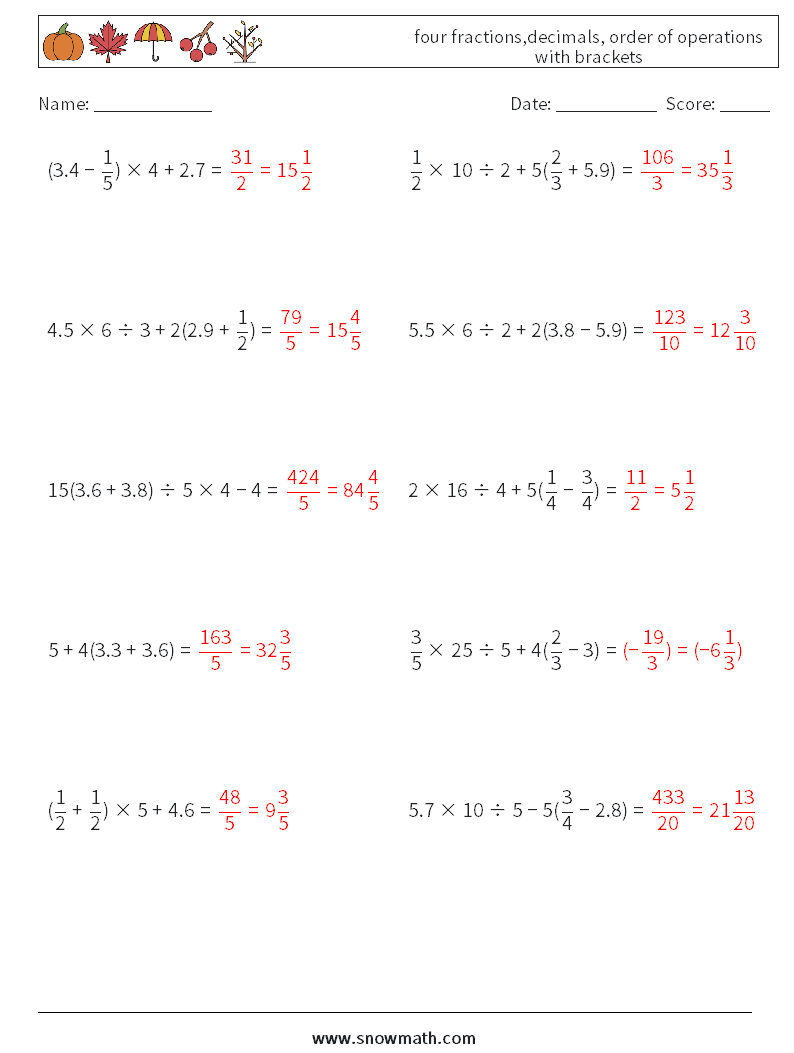 four fractions,decimals, order of operations with brackets Math Worksheets 9 Question, Answer