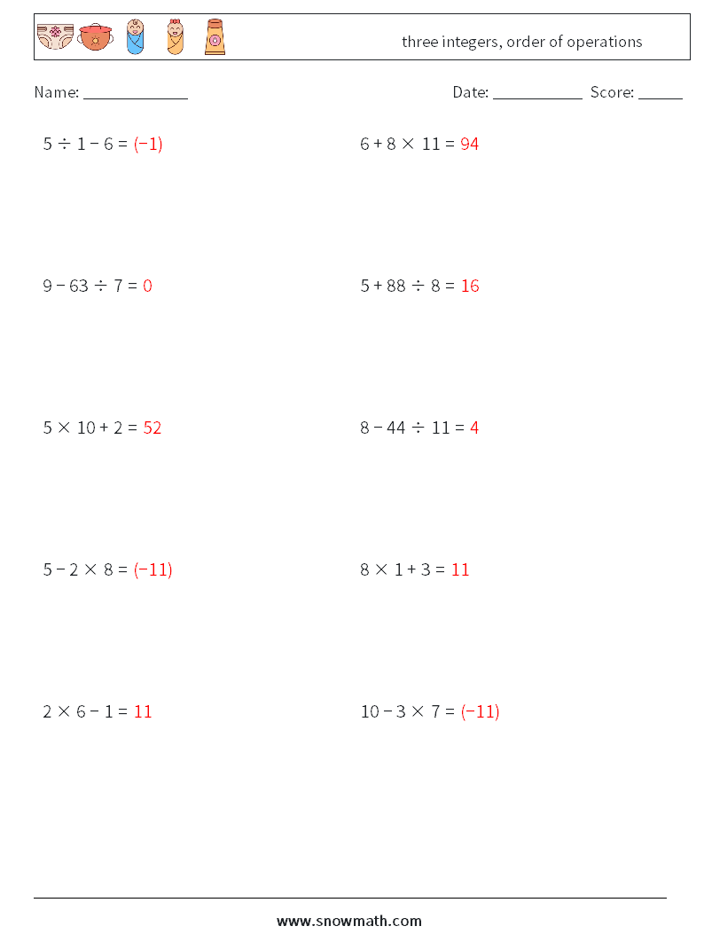 three integers, order of operations Math Worksheets 13 Question, Answer