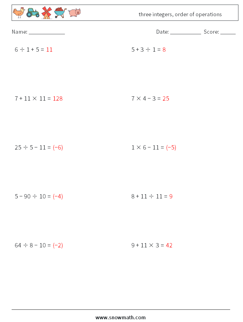 three integers, order of operations Math Worksheets 14 Question, Answer