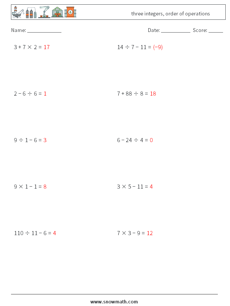 three integers, order of operations Math Worksheets 15 Question, Answer