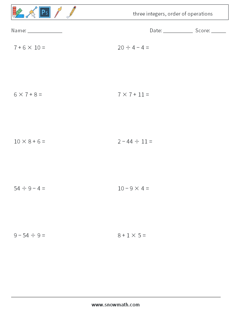 three integers, order of operations Math Worksheets 16