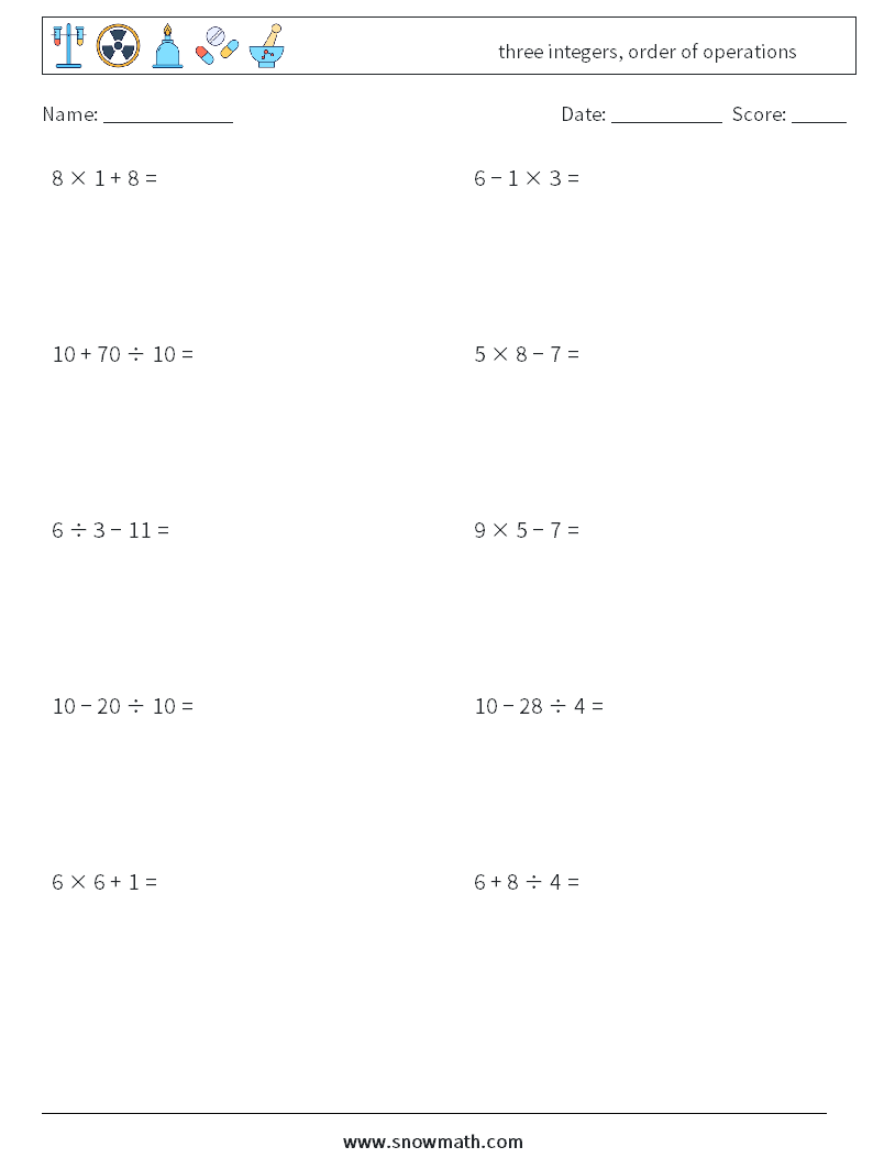 three integers, order of operations Math Worksheets 18