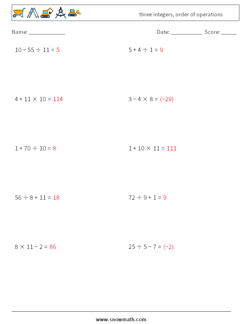 three integers, order of operations Math Worksheets 3 Question, Answer