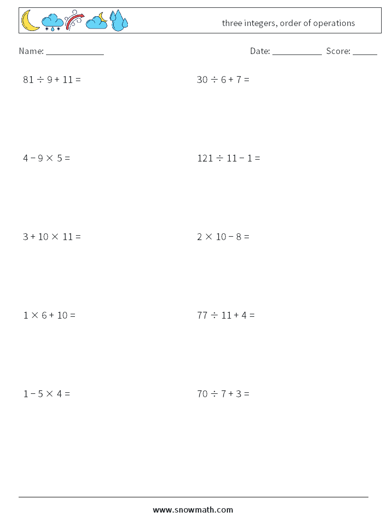 three integers, order of operations Math Worksheets 7