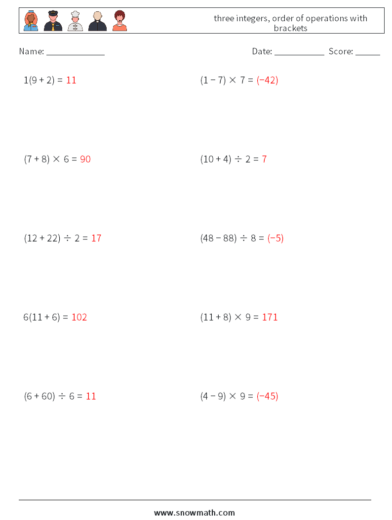 three integers, order of operations with brackets Math Worksheets 10 Question, Answer