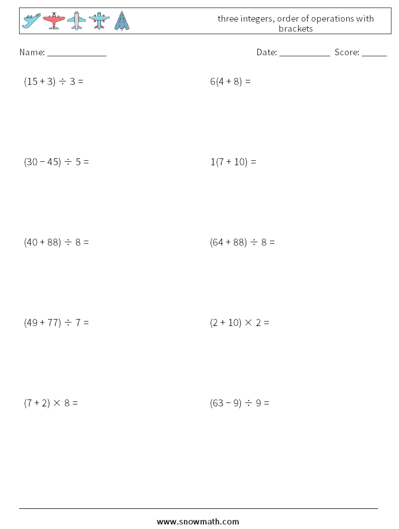 three integers, order of operations with brackets Math Worksheets 11