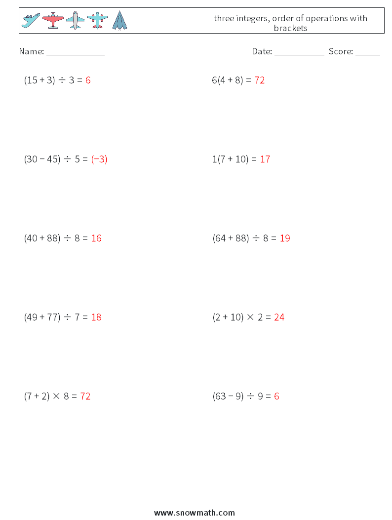 three integers, order of operations with brackets Math Worksheets 11 Question, Answer