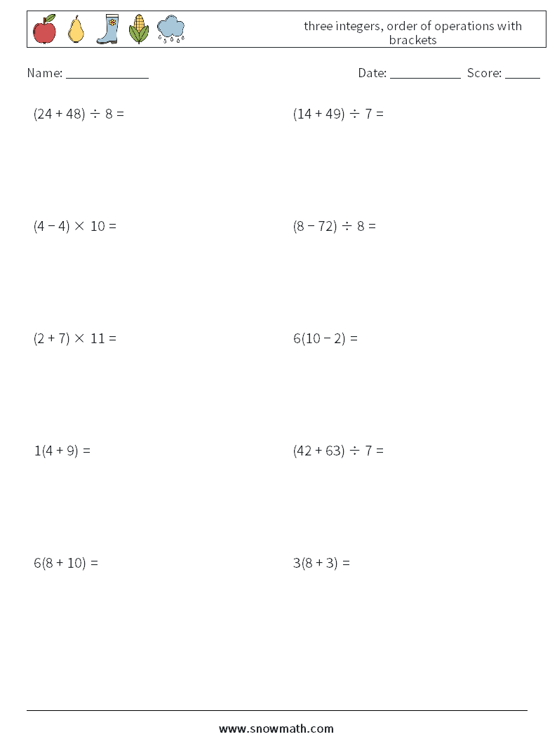 three integers, order of operations with brackets Math Worksheets 13