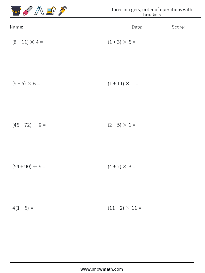 three integers, order of operations with brackets Math Worksheets 15