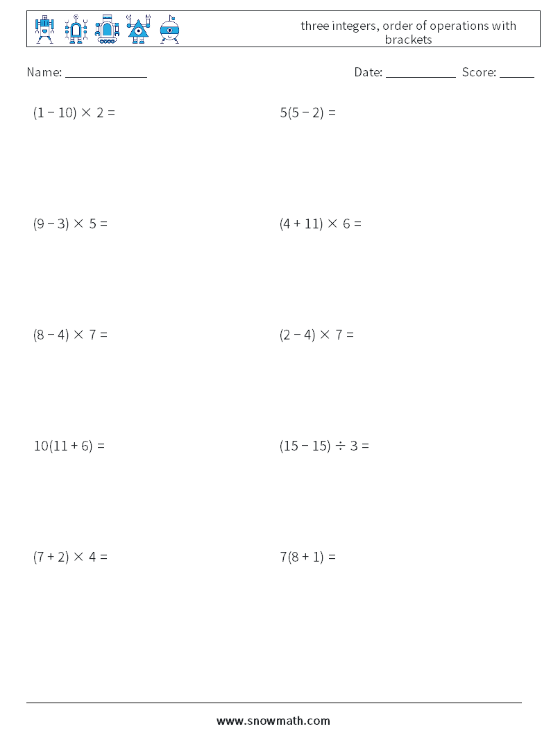 three integers, order of operations with brackets Math Worksheets 16