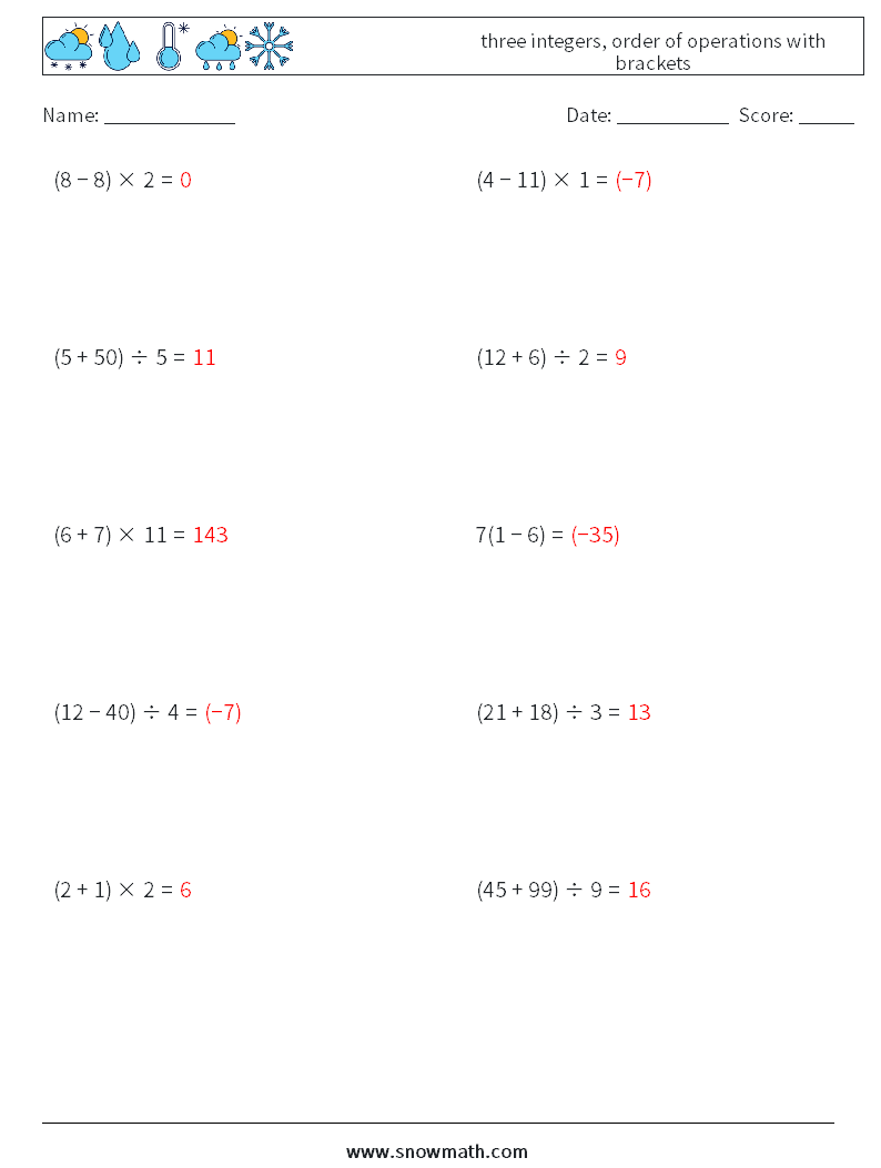 three integers, order of operations with brackets Math Worksheets 1 Question, Answer