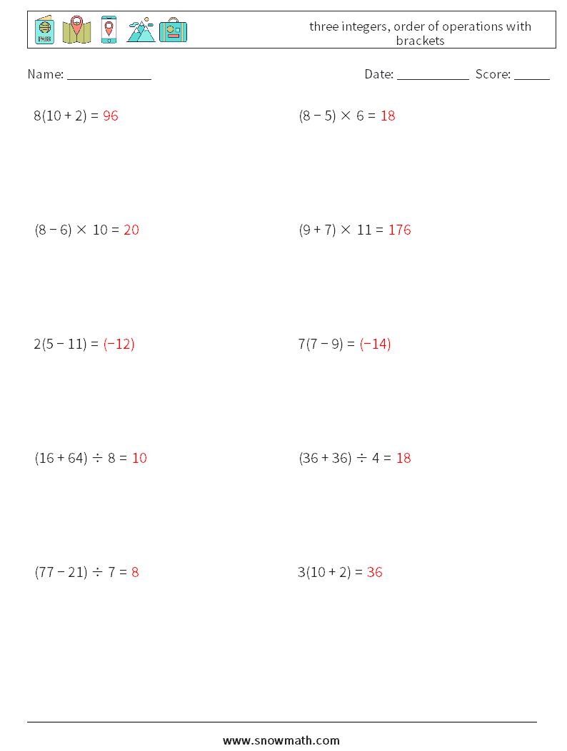 three integers, order of operations with brackets Math Worksheets 2 Question, Answer