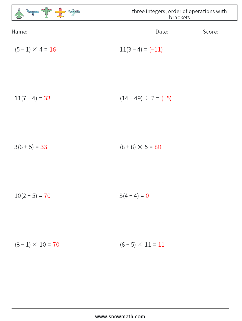 three integers, order of operations with brackets Math Worksheets 3 Question, Answer