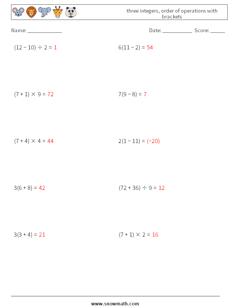 three integers, order of operations with brackets Math Worksheets 4 Question, Answer