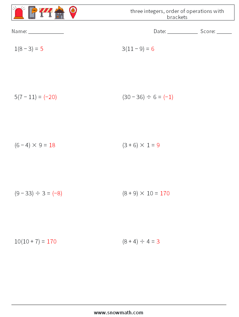 three integers, order of operations with brackets Math Worksheets 5 Question, Answer