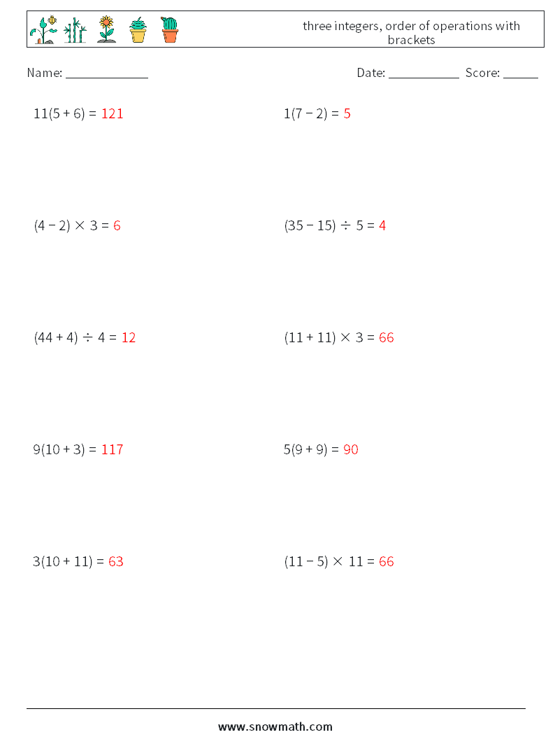 three integers, order of operations with brackets Math Worksheets 8 Question, Answer