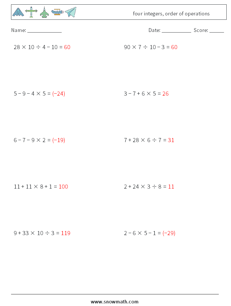 four integers, order of operations Math Worksheets 10 Question, Answer