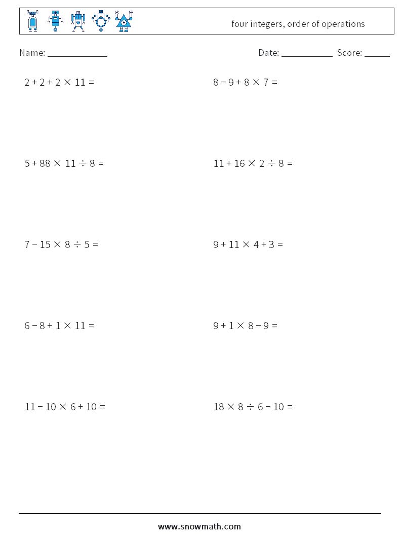 four integers, order of operations Math Worksheets 11