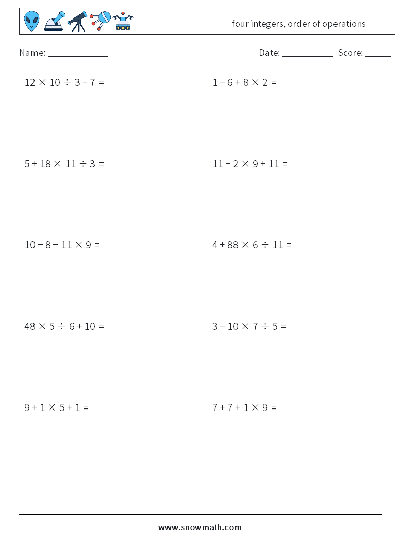 four integers, order of operations Math Worksheets 12