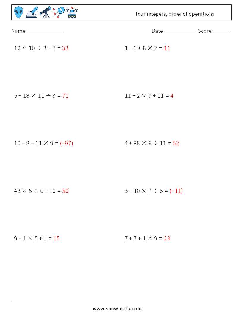 four integers, order of operations Math Worksheets 12 Question, Answer