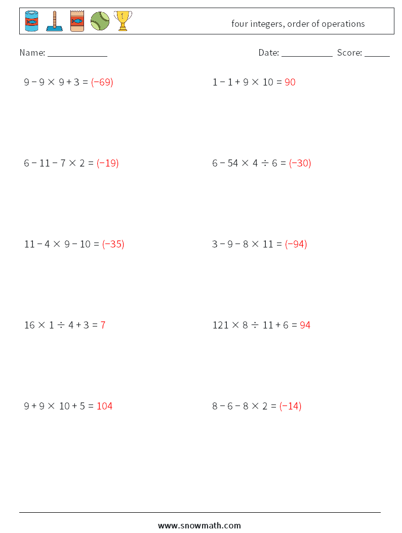 four integers, order of operations Math Worksheets 13 Question, Answer
