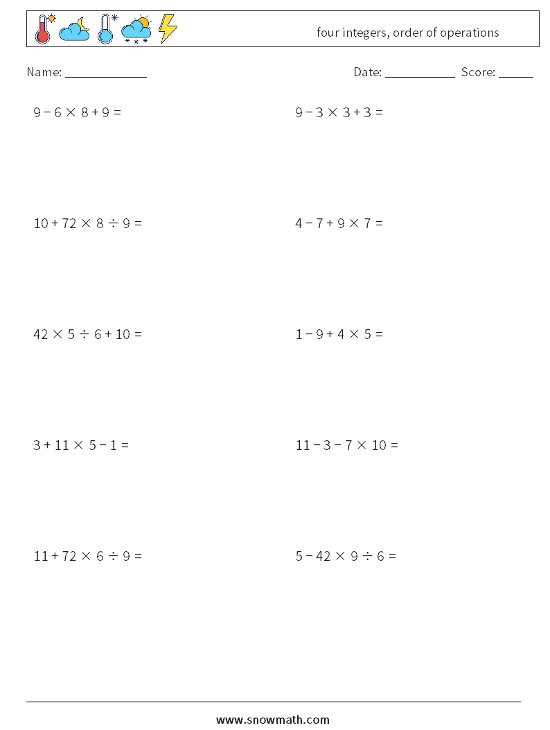 four integers, order of operations Math Worksheets 14