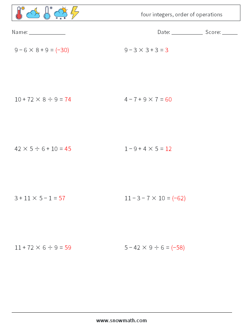 four integers, order of operations Math Worksheets 14 Question, Answer