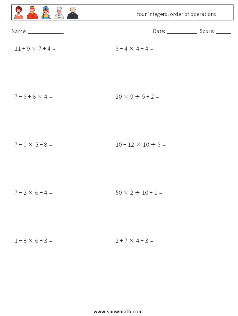 four integers, order of operations Math Worksheets 15