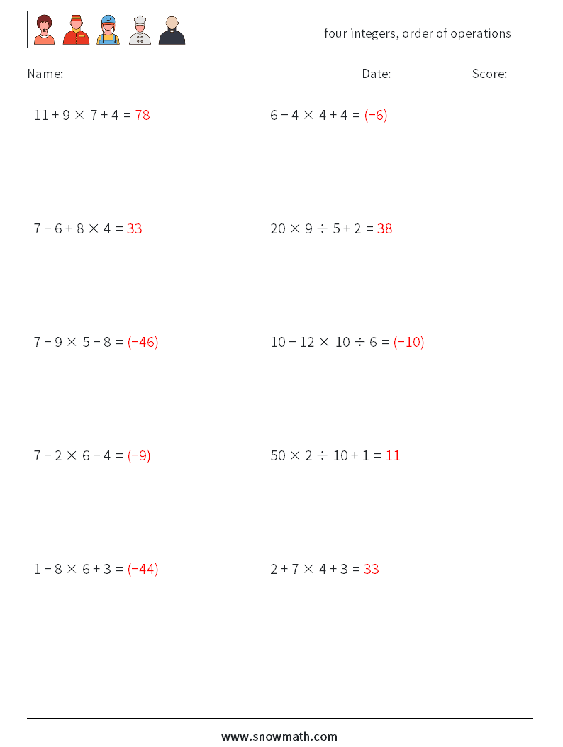 four integers, order of operations Math Worksheets 15 Question, Answer