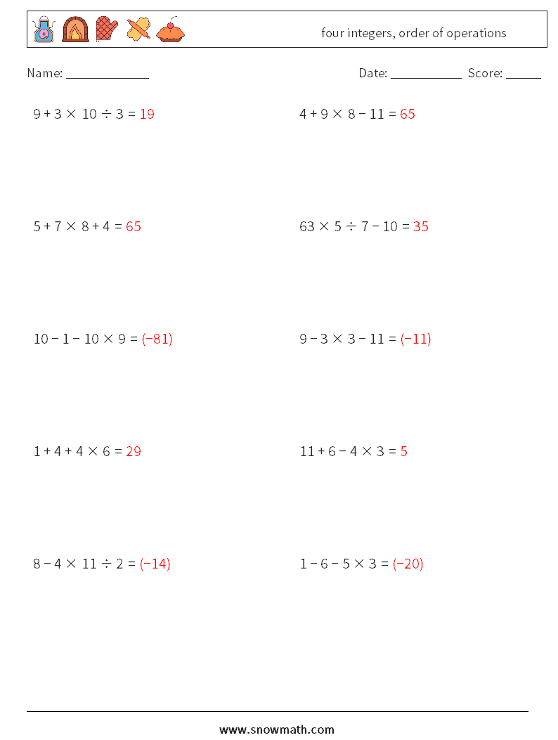 four integers, order of operations Math Worksheets 16 Question, Answer