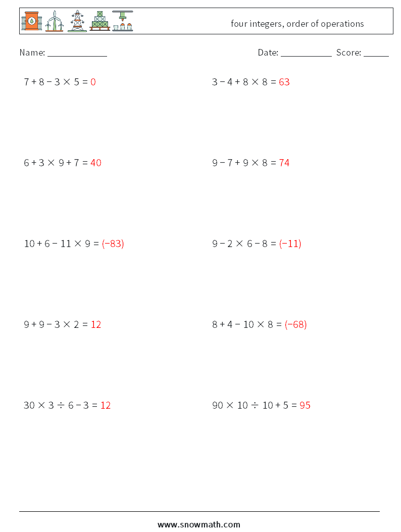 four integers, order of operations Math Worksheets 17 Question, Answer
