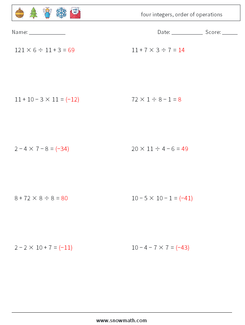 four integers, order of operations Math Worksheets 18 Question, Answer