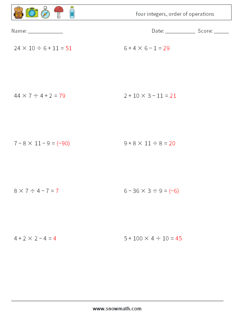 four integers, order of operations Math Worksheets 1 Question, Answer