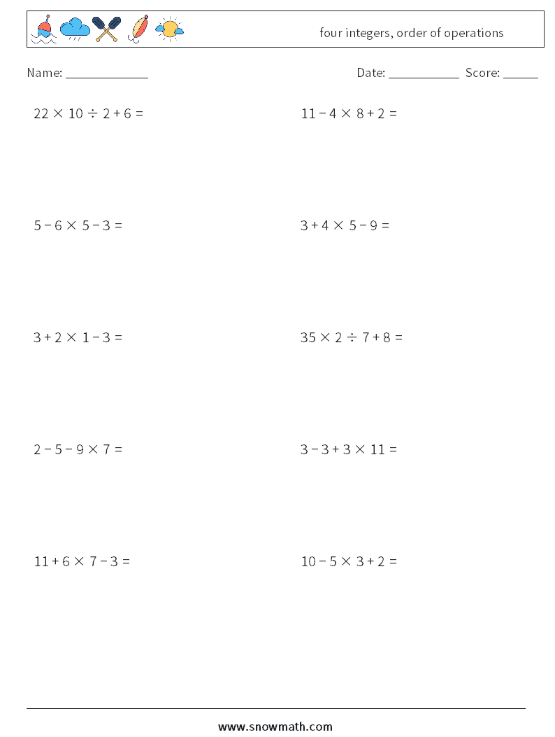 four integers, order of operations Math Worksheets 2