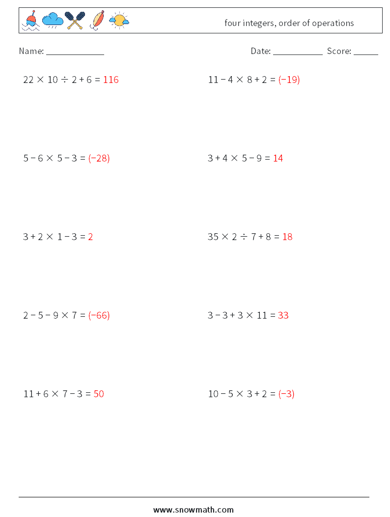 four integers, order of operations Math Worksheets 2 Question, Answer