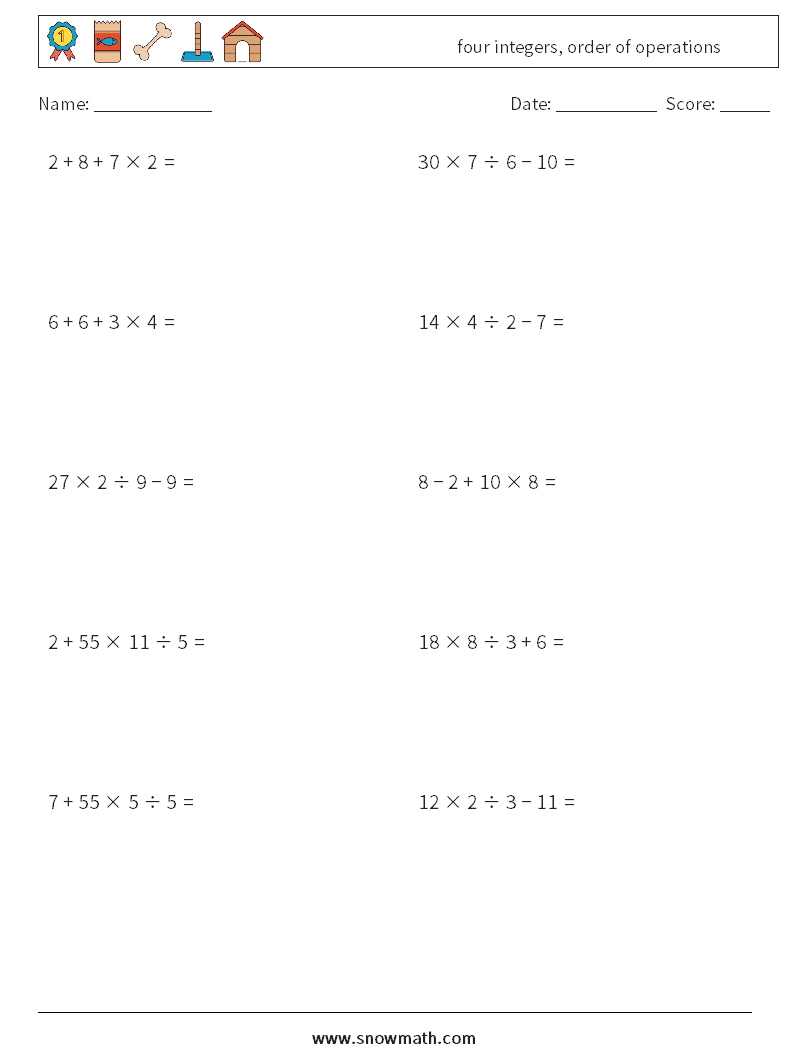 four integers, order of operations Math Worksheets 4