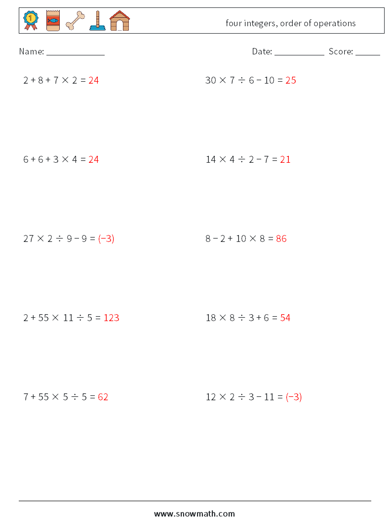 four integers, order of operations Math Worksheets 4 Question, Answer