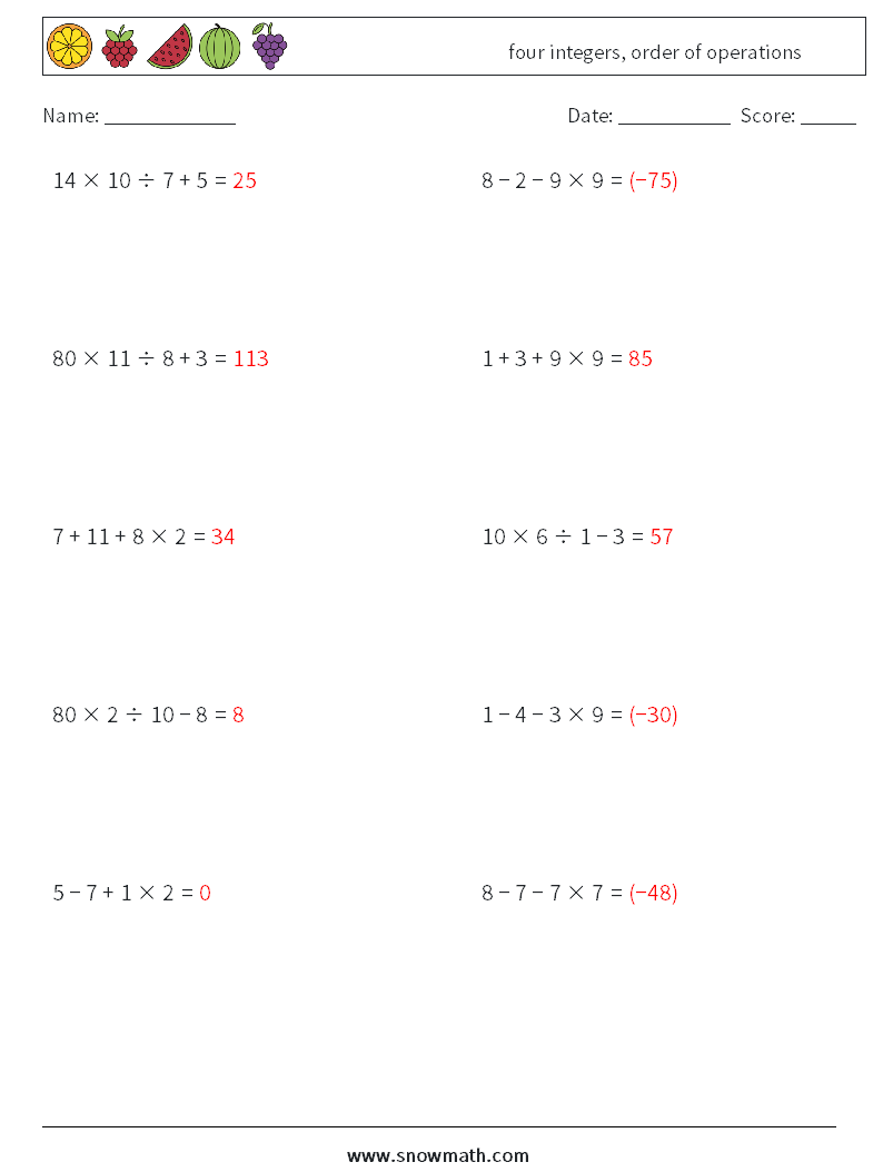 four integers, order of operations Math Worksheets 5 Question, Answer