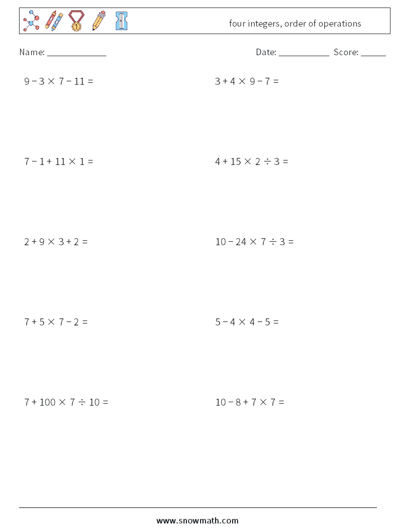 four integers, order of operations Math Worksheets 6