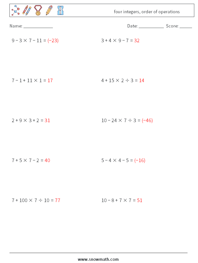 four integers, order of operations Math Worksheets 6 Question, Answer